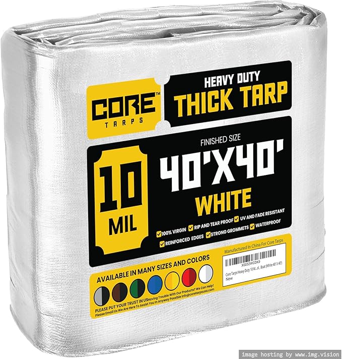 Core Tarps Heavy Duty 10 Mil Tarp Cover, Waterproof, UV Resistant, Rip and Tear Proof, Poly Tarpaulin with Reinforced Edges for Roof, Camping, Patio, Pool, Boat (White 40′ X 40′)