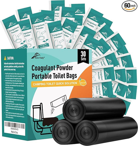 Super Absorbent Polymer 30 Packs,Portable & Fast-Absorbing Camp Toilet Chemicals Gel with 5 Gallon Bucket Toilet Luggable Drawstring Bag, Emergency Toilet Bag&Potty Gel
