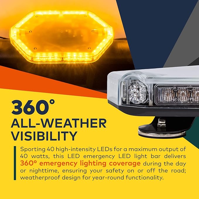 LAMPHUS NanoFlare NFMB40 12" 12V 40W AMBER LED Strobe Mini Light Bar [Magnet/Permanent Mount] Yellow Rooftop Rotating Safety Flashing Emergency Warning Beacon Lightbar for Work Truck Vehicle