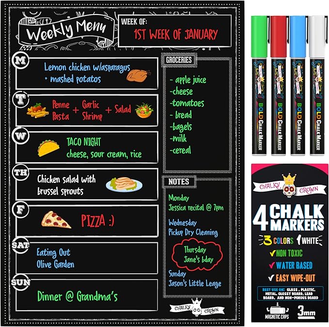 CHALKY CROWN Magnetic Dry Erase Menu Board for Fridge Includes 4 Liquid Chalk Markers - Weekly Meal Planner Blackboard, Grocery List & Notepad for Kitchen Refrigerator - Chalkboard Magnet 15.6" x11.6
