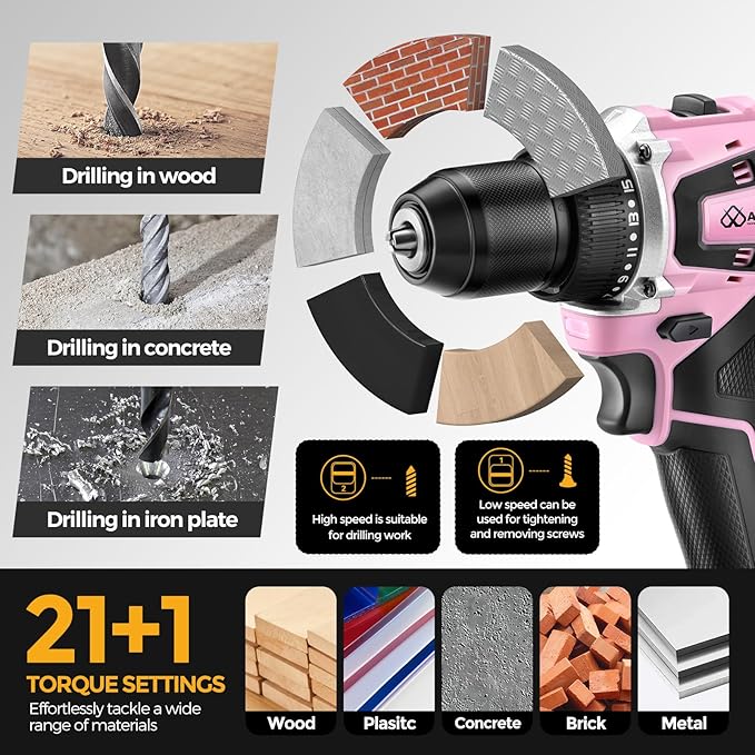 20V Yellow Brushless Cordless Drill Set (2-Piece) - Compact Power Drill Driver with 2.0Ah Battery, Power Drill Set with Battery and Charger & 3/8" Keyless Chuck,Pink