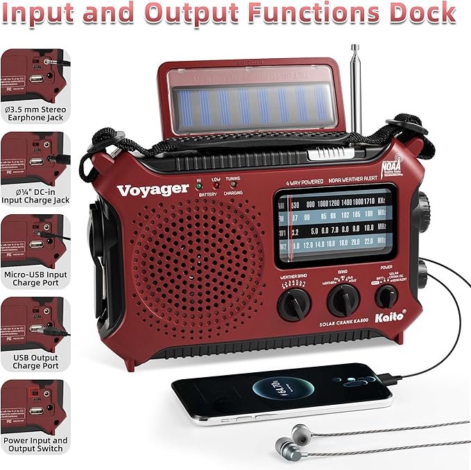 Kaito KA500RED 5-Way Powered Emergency AM/FM/SW Weather Alert Radio, Red