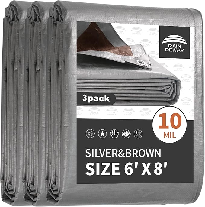RAINDEWAY Tarps Heavy Duty Waterproof 6x8 Feet(3 Pack),10Mil Thick Multipurpose Poly Small Tarp Cover with Metal Grommets and Reinforced Edges,Silver/Brown Tarp