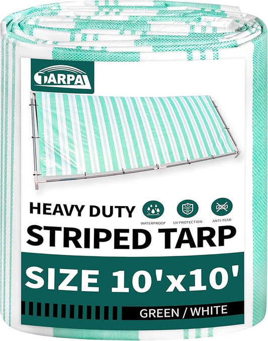 TARPAL Heavy Duty Poly Tarp 10x10 Feet 12mil Striped tarp Multipurpose Protective Cover Durable, Waterproof, Weather Proof, UV,Rip and Tear Proof（Green/White）