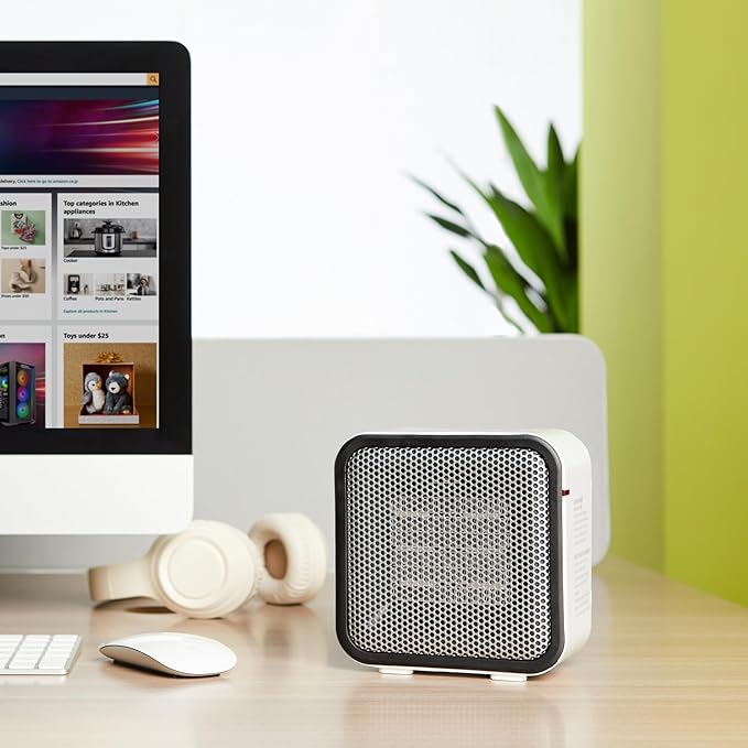 Amazon Basics Portable Mini Ceramic Space Heater, for Office Desk and Indoor Use, 500 W, With Tip-Over Protection, Lightweight (1.4 LBS), White, 5.9 x 3.2 x 6 inches
