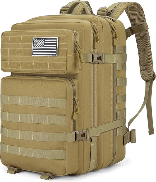 Tactical Backpack 45L Army Military Rucksack, Water Resistant MOLLE Pack, Large 3 Day Bug Out Bag for Men & Women, Durable Outdoor Gear for Hiking, Camping, Hunting, Travel (Khaki)