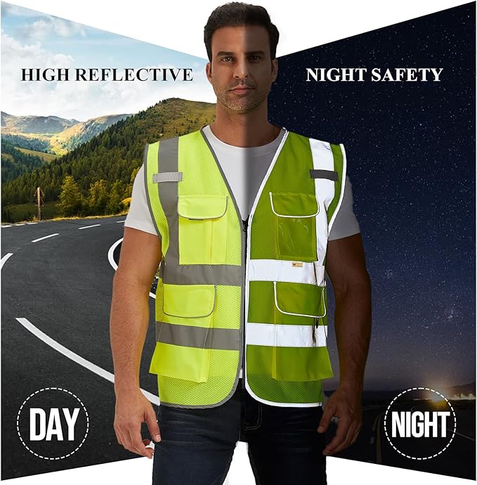 SIFE Reflective Safety Vest High Visibility Vest With 7 Pockets And YKK Zipper, ANSI/ISEA Class 2 Standard, Made With 3M Reflective Tape(03Y-Yellow Mesh,4XL)
