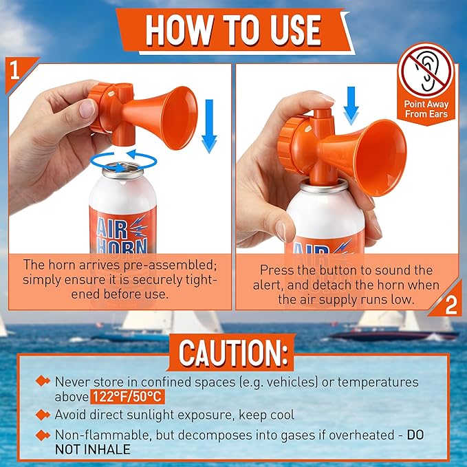 2 Pack Large Air Horn for Safety 3.5oz, 122dB Very Loud Marine Air Horn for Boat, Coast Guard Approved, Great for Boat & Marine Safety, Sporting Events, Travels, Hiking (Orange)