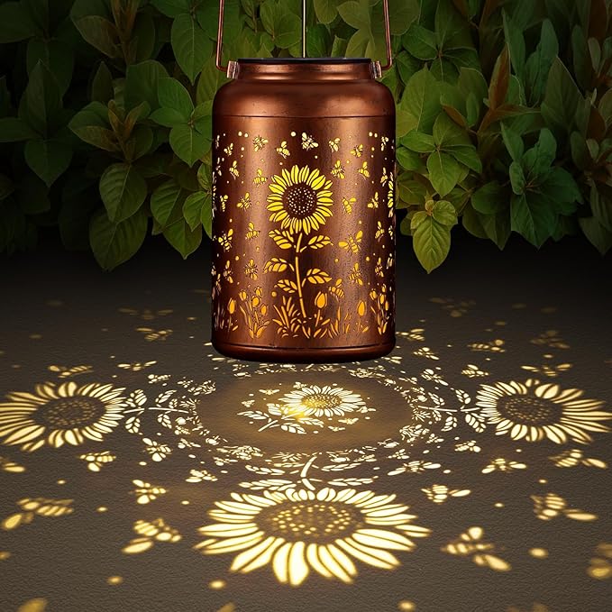 Solar Lanterns Outdoor, Waterproof Hanging Metal Solar Lanterns LED Decoration for Garden, Yard, Patio - Perfect Birthday Gifts for Women Mom Grandma(Sunflower+Bee)