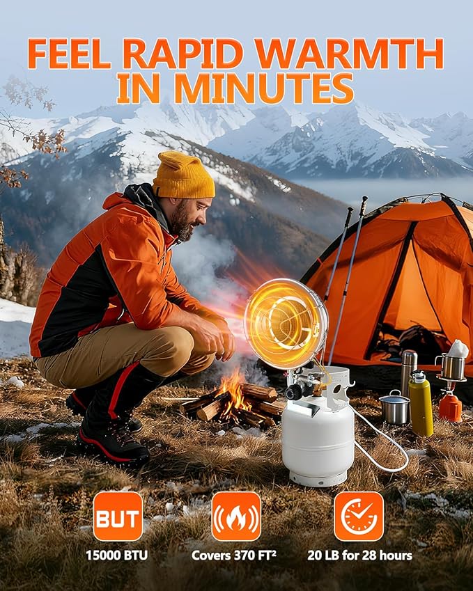 Breeze Touch 15,000 BTU Single Tank Top Propane Outdoor Heater, Propane Radiant Heater with 3 Heating Modes, Shut-off Valve and Tip-over Switch for Camping, Fishing, Garage, Patio