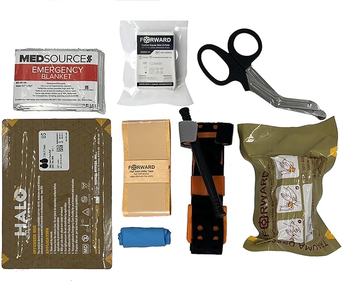 FORWARD Medical Emergency First Aid Kit (ME-FAK), Black Carbon Fiber Case, 9-Piece Trauma Care Kit with Tourniquet, Gauze, Emergency Blanket, 8.75x6.5x2.5 Inch