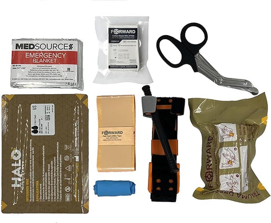 FORWARD Medical Emergency First Aid Kit (ME-FAK), Black Carbon Fiber Case, 9-Piece Trauma Care Kit with Tourniquet, Gauze, Emergency Blanket, 8.75x6.5x2.5 Inch
