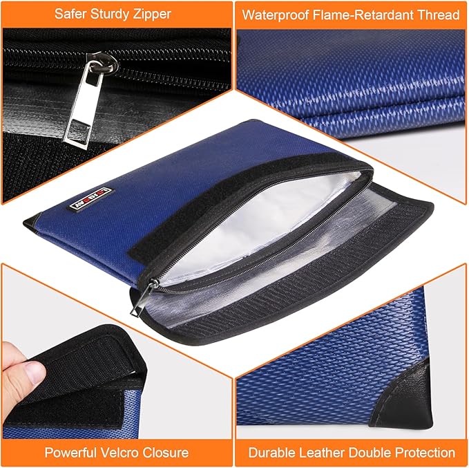 Fireproof Bag with 5200℉ Thermal Insulated, Waterproof Fireproof Box with Zipper, Fireproof Money Bag for Cash, Fireproof Safe Bags for Home Safe Bank Valuable Documents (13.9"x10.6", Blue)