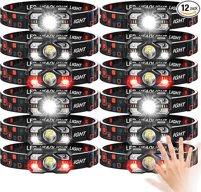 Headlamp Rechargeable 12Pack, 3000 Lumen Ultra-Light Bright Headlamp Flashlight with White Red Light, LED Headlight Motion Sensor, 5+5 Mode for Outdoor Camping Fishing Running Hiking (12)