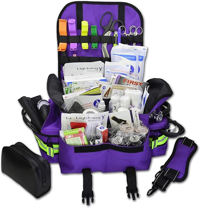 Lightning X Personalized First Responder EMT EMS Trauma Bag w/Stocked First Aid Fill Kit B & Custom Embroidered Name Patch (Purple)