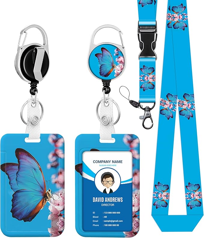 Blue Butterfly Badge Holder Lanyard ID Card Holders Detachable Name Tag Clips Cute Funny Nurse Teacher Office Gifts Women Man Cate Badge Holder