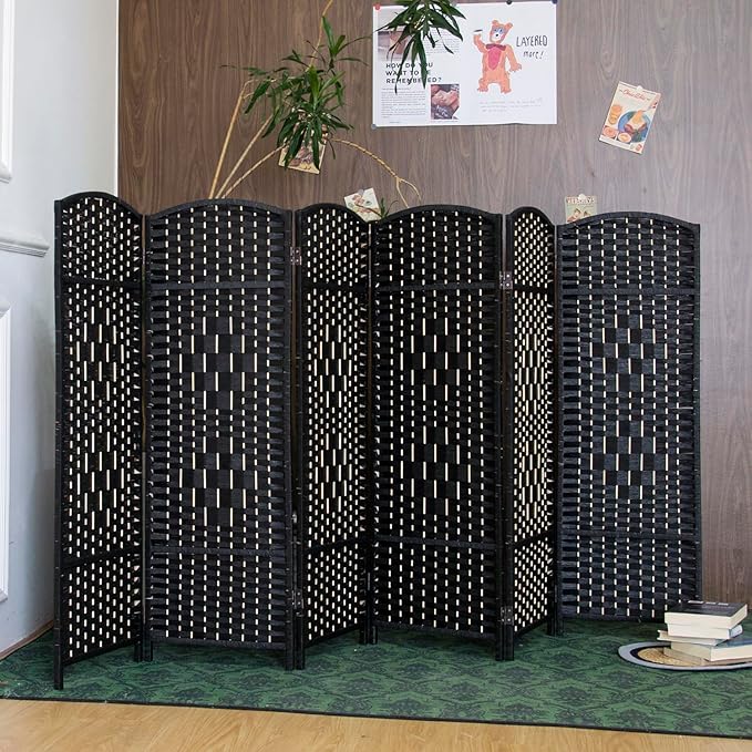 6 Panel Rattan Divider Short Room Partition Screen,Double Sided Folding Divider for Room Separation,Black,47.2" H x 94.5" W