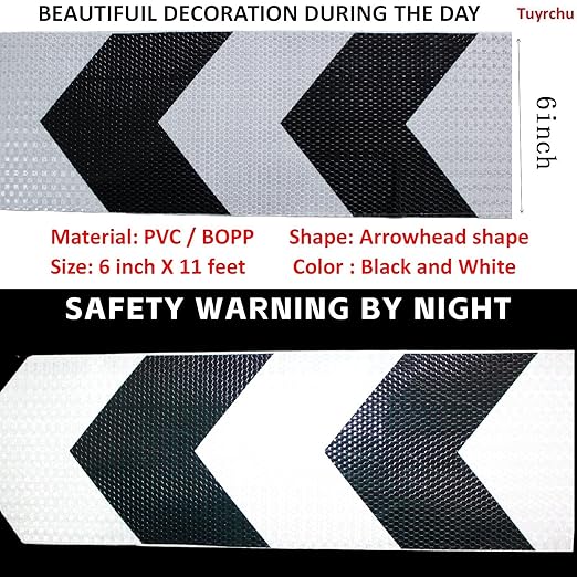 Black White Reflective Tape 6 inch, Outdoor Waterproof Hazard Conspicuity Warning Industrial Marking Tape (11 feet)