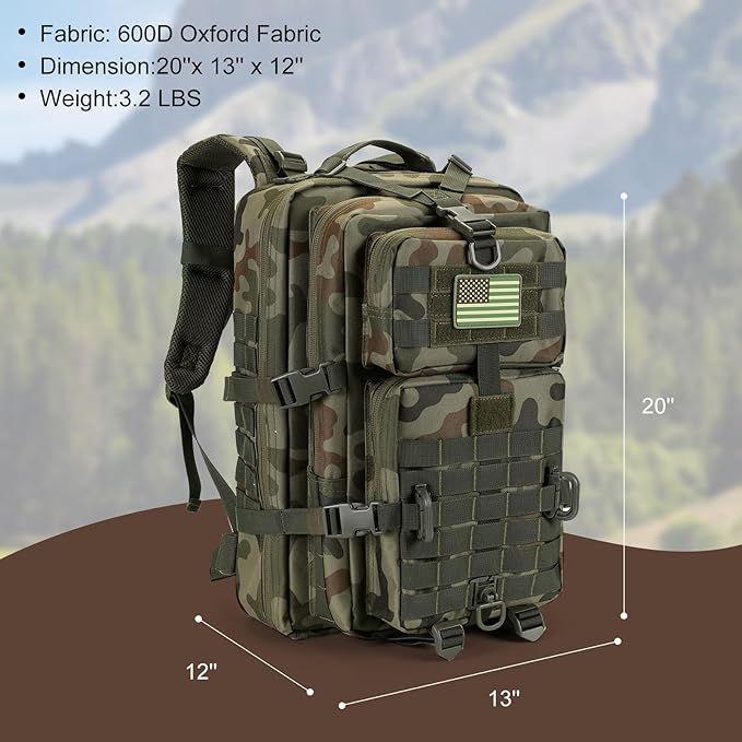 MOLLE Assault Backpack, Tactical Backpack Military Army Camping Rucksack, 3-Day Pack Trip w/USA Flag Patch, D-Rings, Polish Camo