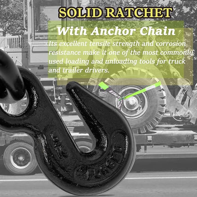 4 Pack Car Tie Down Straps for Trailers with Heavy Duty Chain Anchors 2" x 96" - 3,300 lbs Safe Working Load -Adjustable Wheel Straps with Chain Hook Anchors for Trailers.Yellow