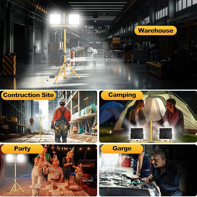 21000 Lumen LED Work Light with Stand, 2-Head Adjustable Lights with 16.5FT Extended Cord, IP65 Waterproof Work Lamp for Indoor & Outdoor Job Sites, Workshops, Construction, Garage Lighting