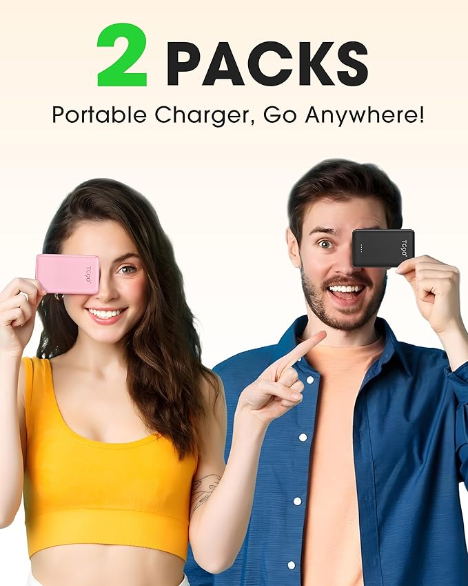 TG90° 2 Pack 5000mAh Portable Charger,Mini Power Bank Built-in Foldable AC Plug and Cables,Pocket Size USB C External Battery Pack Compatible with iPhone 17 16 15 14 Samsung Google iPad,Black & Pink