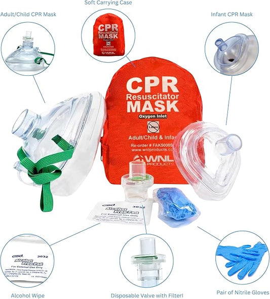 WNL Products FAK5000SGI-BUNDLE Adult/Child & Infant CPR Rescue Mask Kit with CPR Keychain - Soft Case CPR Set with One-Way Valve, Gloves, Antiseptic Wipe, and Face Shield Keychain Barrier - Bundle