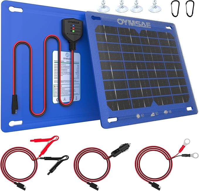 OYMSAE 7.5W 12V Blue Solar Panel Portable Waterproof Trickle Battery Charger & Maintainer for Car Boat RV with Cigarette Lighter Plug & Alligator Clip