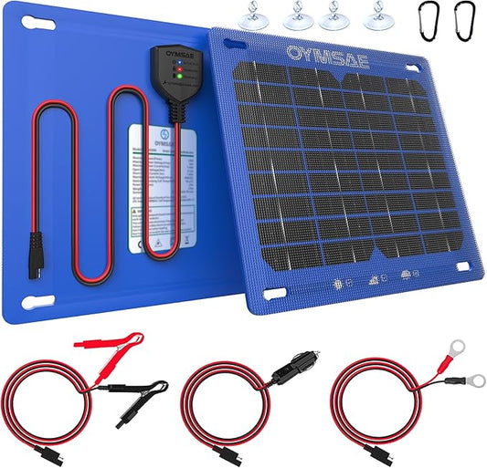 OYMSAE 7.5W 12V Blue Solar Panel Portable Waterproof Trickle Battery Charger & Maintainer for Car Boat RV with Cigarette Lighter Plug & Alligator Clip