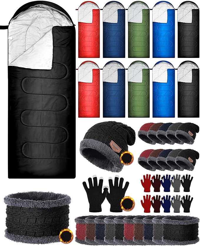 40 Pcs Bulk Sleeping Bags Adult for Homeless, Sleeping Bags Cold Weather Waterproof with Winter Hats Gloves Scarves and Mittens for Camping Emergency Use