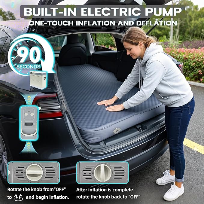 UPWELL Self Inflating Sleeping Pad Truck Camping Thick Mattress for Tesla Model Y Solid Foam 4 Season Car Bed Mattress Portable Roll Up Bed Grey，with air Pump