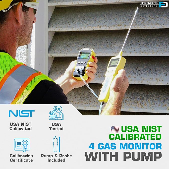4 Gas Monitor + Pump by Forensics Detectors | USA NIST Calibration Certificate | USB Recharge | 4 Gas with Probe for Confined Space |