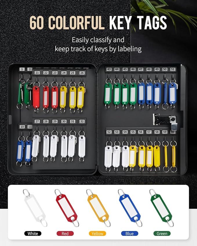 Uniclife 60 Position Key Cabinet with Combination Lock Resettable Black Digital Security Storage Box Steel Key Organizer with Colorful Large Key Tag Labels Stickers and Hooks