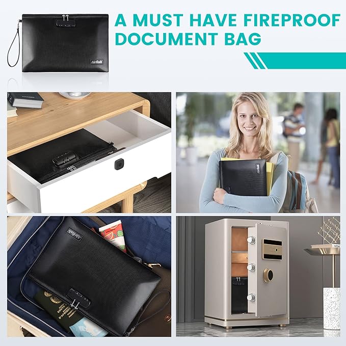 Airfish Fireproof Document Bags with Lock, 14.2 x 10 inches Zipper Closure Money Bag, Safe and Waterproof Storage Pouch for A4 A5 Document, Cash, Watch, Jewelry, Passport, Phone, Pad