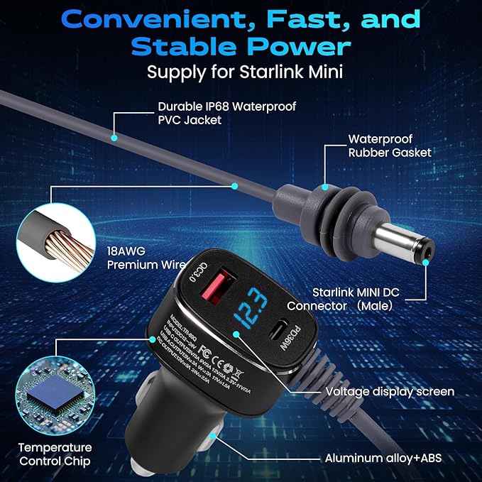 Starlink Mini Car Charger Cable, 3-in-1 Cigarette Lighter Power Adapter with Digital Display, USB C PD 36W & USB A QC 18W Ports, 12V-24V Waterproof 18AWG DC Cable for Trucks, Cars, RVs, Boats (10FT)