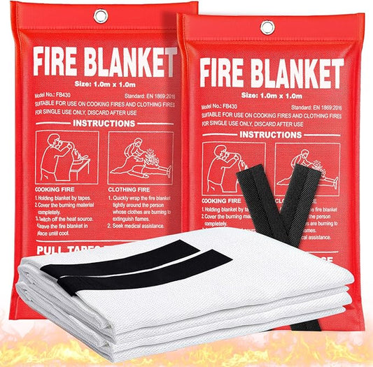 Fire Blanket 2 Pack - 40" x 40" Prepared Emergency Fire Blanket for Home and Kitchen, RV, Grill, Fireplace, Safe & Easy for Young Adults and Elderly Living Alone