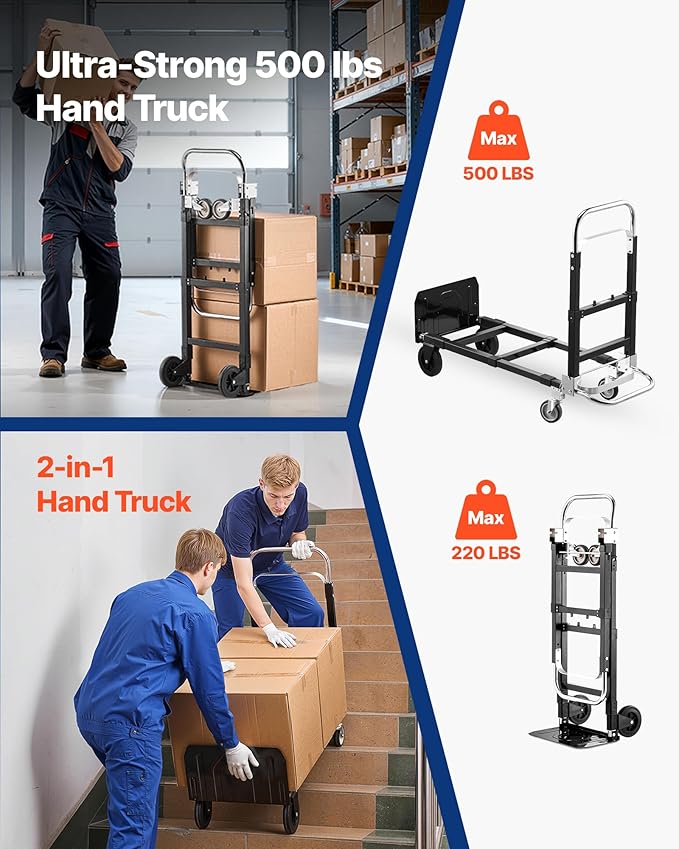 VEVOR 3 in 1 Folding Hand Truck, 500 lbs Load Capacity for 4-Wheel Mode, Convertible Hand Truck Dolly with Wheels & Adjustable Handle, Portable Trolley Dolly for Moving Home, Office, Warehouse
