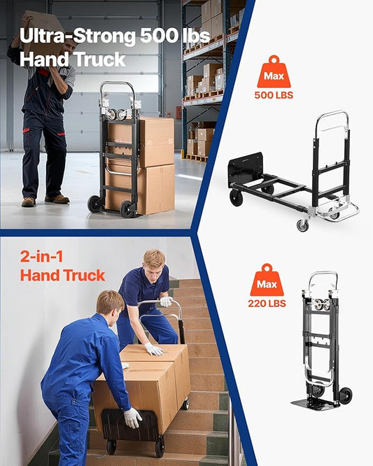 VEVOR 3 in 1 Folding Hand Truck, 500 lbs Load Capacity for 4-Wheel Mode, Convertible Hand Truck Dolly with Wheels & Adjustable Handle, Portable Trolley Dolly for Moving Home, Office, Warehouse