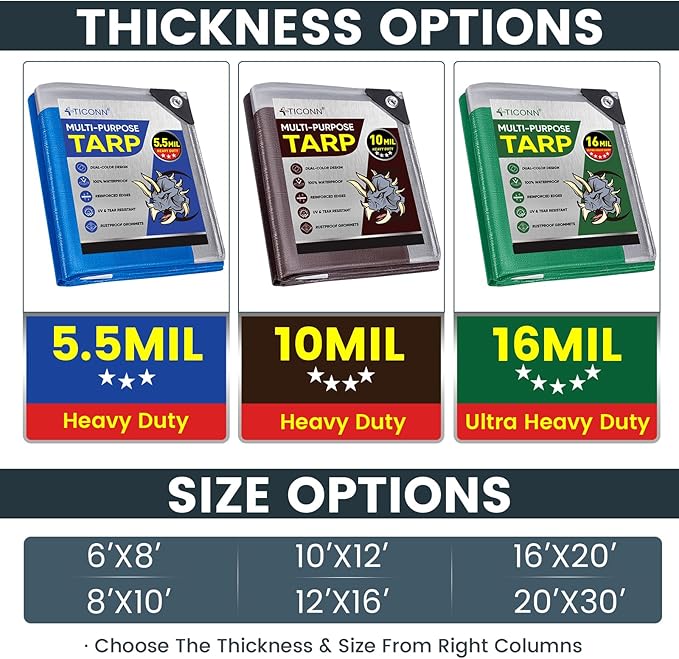 TICONN Heavy Duty Tarp Cover, Extra Thick Tarps Waterproof Tear and Rip Proof UV Resistant Tarpaulin with Reinforced Grommets and Edges (16 Mil, 10'x12')