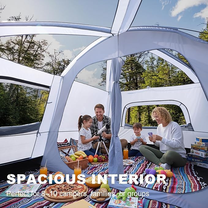 8-10 Person Camping Tent, Large Family Cabin Tents with Porch & Rainfly, Double Layer Waterproof Glamping Tent with 2 Rooms 3 Doors, Portable Big Tents for Outdoor Camping Hiking Party