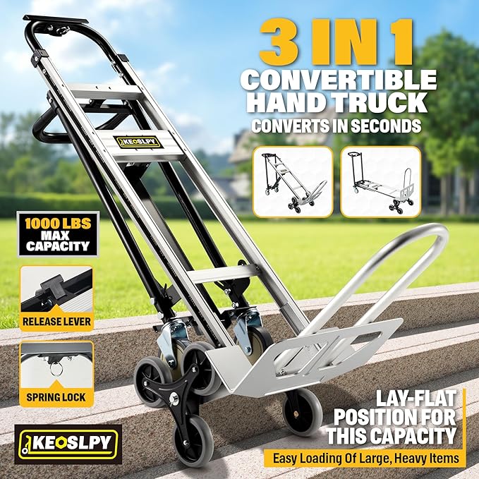 3 in 1 Convertible Hand Truck 1000 LBS Capacity, Industrial Heavy Duty Hand Truck Dolly Cart, Aluminum Stair Climbing Utility Trolley Platform Cart with Wheels for Transport & Moving