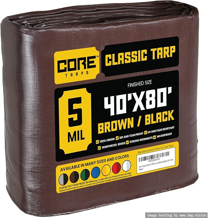 Core Tarps Classic 5 Mil Tarp Cover, Waterproof, UV Resistant, Rip and Tear Proof, Poly Tarpaulin with Reinforced Edges for Roof, Camping, Patio, Pool Cover, Boat (Brown/Black 40′ X 80′)