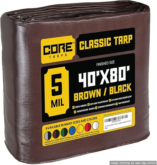 Core Tarps Classic 5 Mil Tarp Cover, Waterproof, UV Resistant, Rip and Tear Proof, Poly Tarpaulin with Reinforced Edges for Roof, Camping, Patio, Pool Cover, Boat (Brown/Black 40′ X 80′)