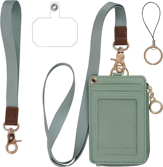 2-in-1 ID Badge Holder with Lanyard - Multi-Use Lanyard Keychain Wallet for Women, Small Keychain Wristlet Wallet with Strap & Lanyards for ID Badges, Phone & Card Holder - Sage Green