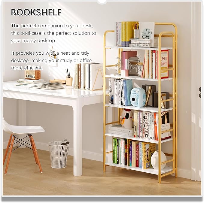 4NM No Assembly Folding Bookshelf, 5 Tiers Collapsible Book Shelves Open Industrial Foldable Storage Bookcase Shelf for Bedroom, Living Room, Home Office - White and Gold