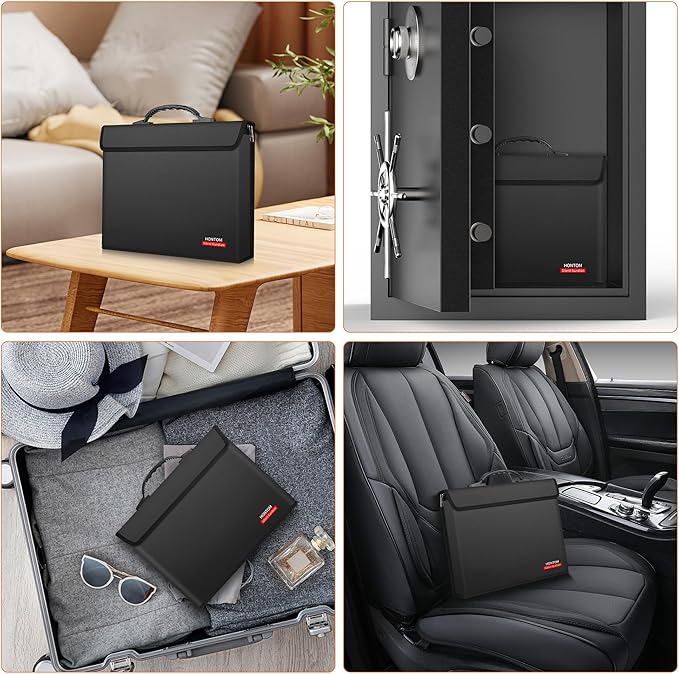Hontom Fireproof Document Bag with 2 Pockets, 6400℉ Upgraded Material Fireproof Money Bag with Lid, Travel Home Fire Safe Storage Cash Pouch for Important Documents