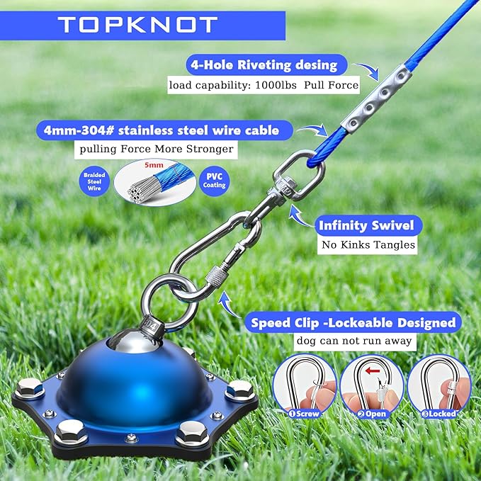 TOPKNOT Dog Tie Out Cable and Stake,(up to 200lbs) 360°Swivel Dog Run- No Tangle,with 20FT Heavy Duty Tie Out Cable for Dogs,Runner for Yard,Ideal for Outdoor Camping