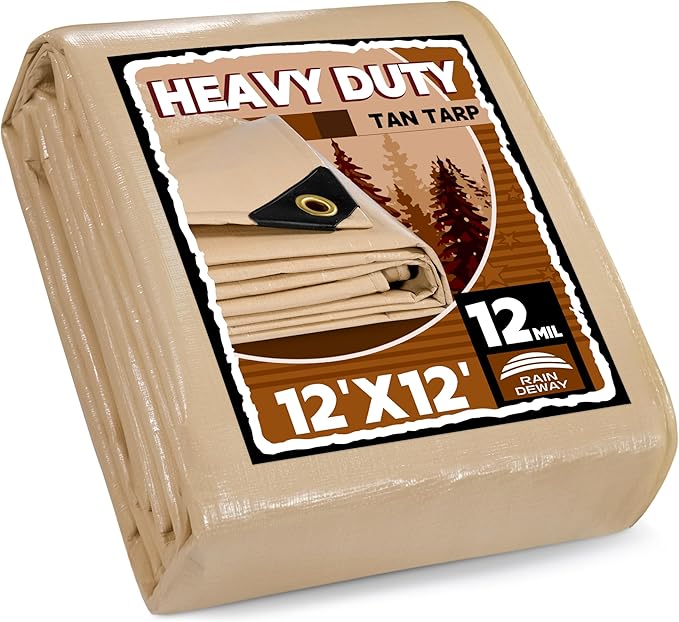 RAINDEWAY 12x12 Feet Heavy Duty Tarp,12 Mil Tan Waterproof Poly Tarp Cover,UV Resistant,Weatherproof,Durable,Multipurpose Tarps with Grommets and Reinforced Edges