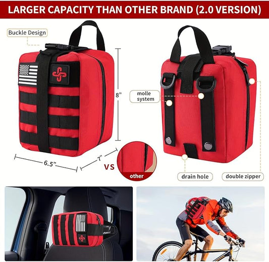Survival Kit, 252Pcs Survival Gear First Aid Kit with Molle System Compatible Bag and Emergency Tent, Emergency Kit for Earthquake, Outdoor Adventure, Hiking, Hunting, Gifts for Men Women (Red)