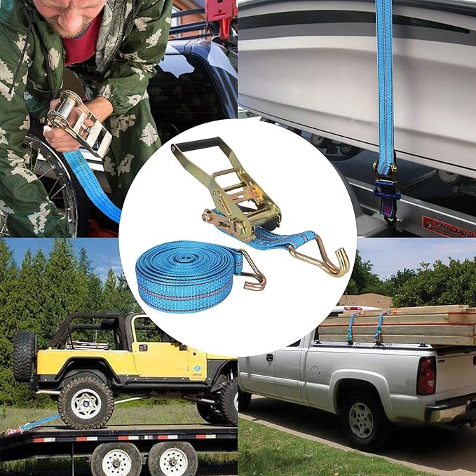 HNBun 2 Pack Ratchet Tie Down Straps, 2 Inch x 33 Feet, 10,000 lbs Break Strength, Heavy Duty Cargo Lashing Straps with Double J Hooks for Trailer, Truck, and Farm Equipment, Blue